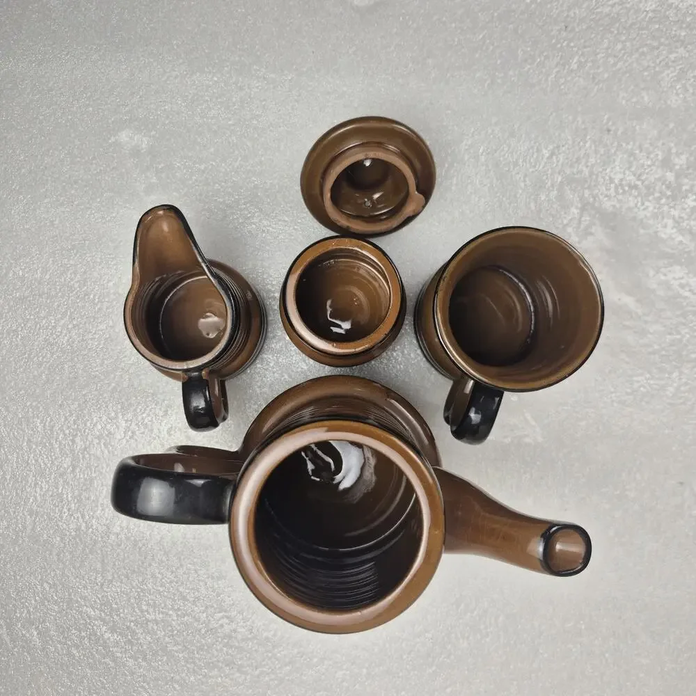 Vintage 1960s Japan Glazed Ribbed Ceramic Coffee Tea Set Pot Sugar Mug 6-Pc